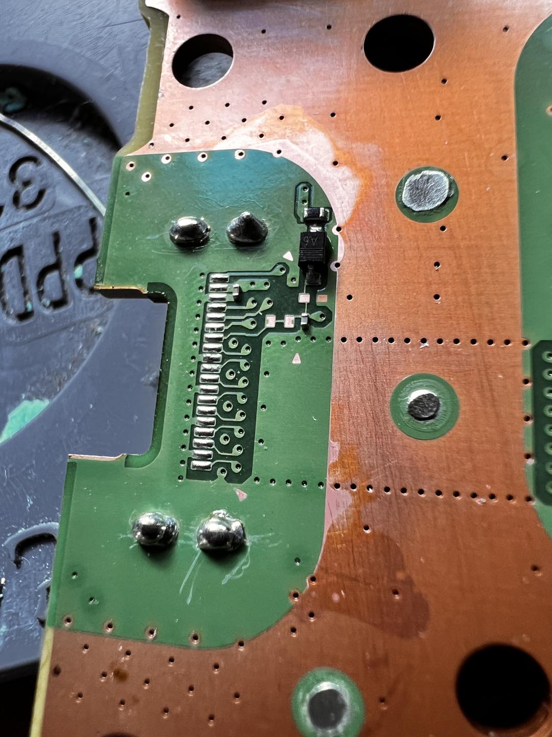 Solder pads cleaned and prepped, ready for the new port to be placed