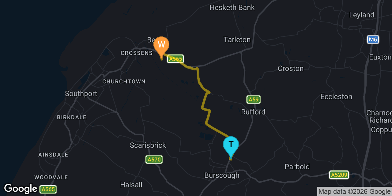 Map showing route from Burscough to our Southport workshop on Gravel Lane &mdash; approximately 14 minutes drive
