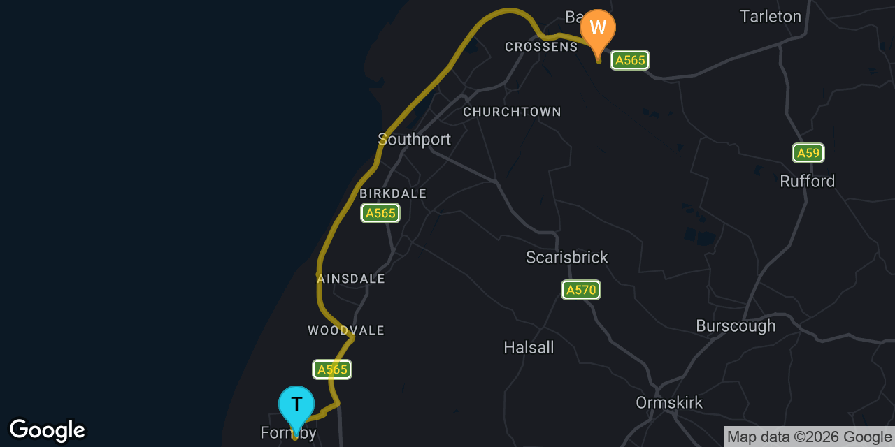 Map showing route from Formby to our Southport workshop on Gravel Lane &mdash; approximately 14 minutes drive
