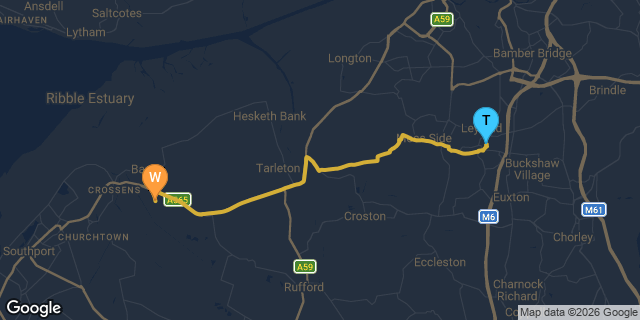 Map showing route from Leyland to our Southport workshop on Gravel Lane — approximately 29 minutes drive