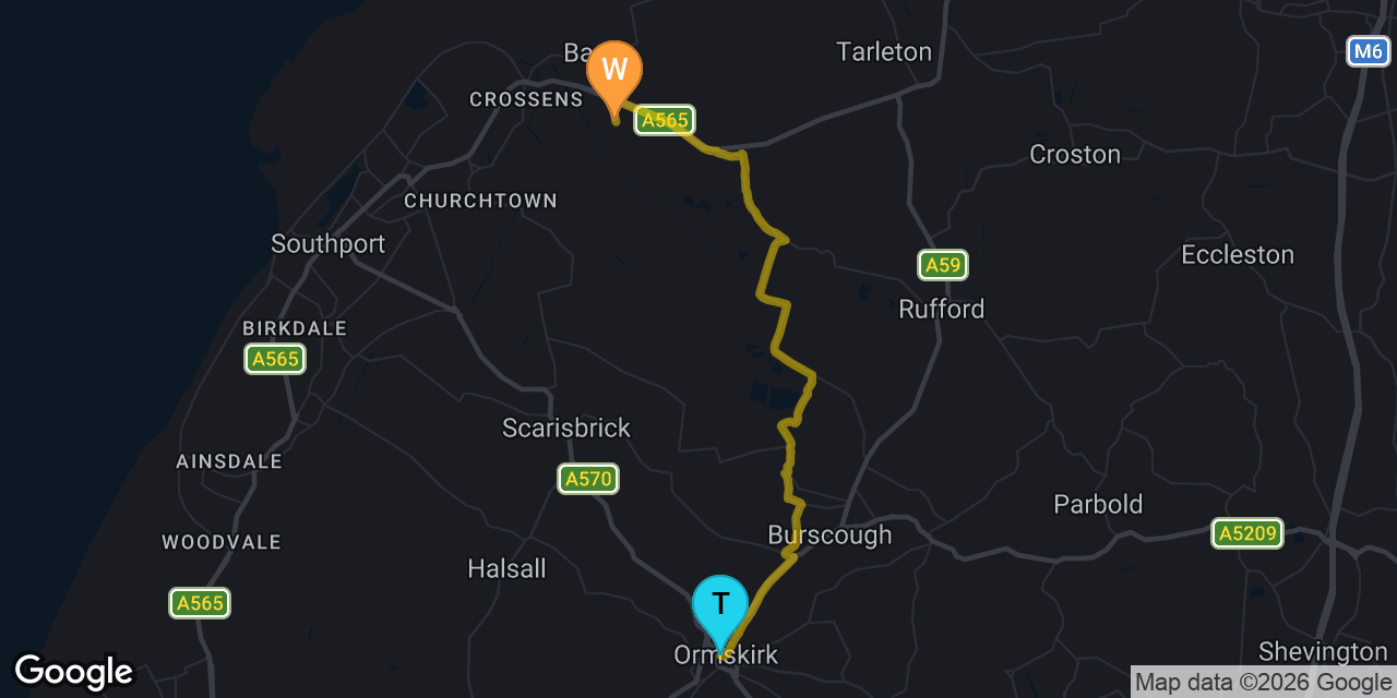 Map showing route from Ormskirk to our Southport workshop on Gravel Lane &mdash; approximately 20 minutes drive
