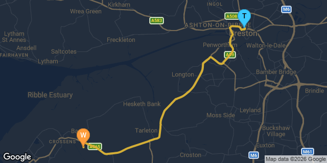 Map showing route from Preston to our Southport workshop on Gravel Lane — approximately 30 minutes drive