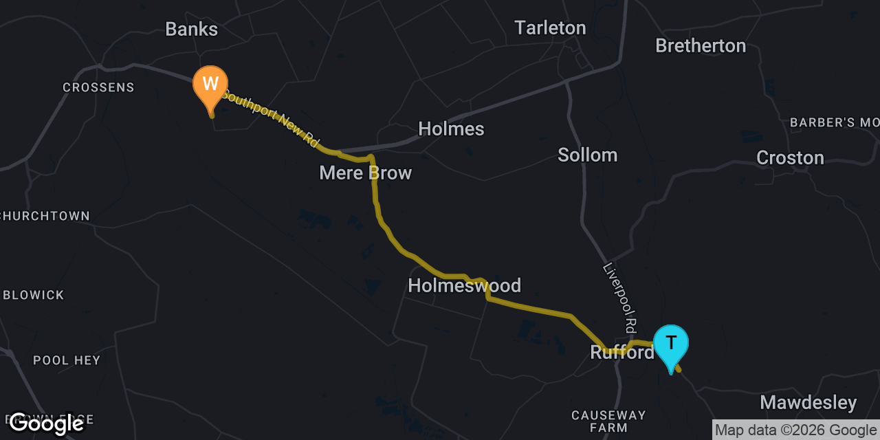 Map showing route from Rufford to our Southport workshop on Gravel Lane &mdash; approximately 10 minutes drive