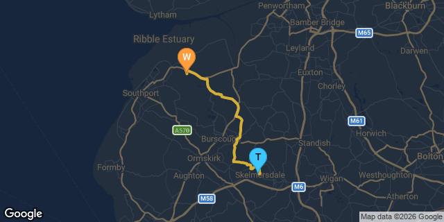 Map showing route from Skelmersdale to our Southport workshop on Gravel Lane — approximately 31 minutes drive