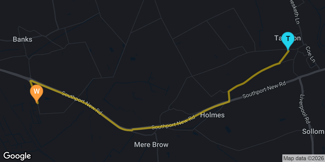 Map showing route from Tarleton to our Southport workshop on Gravel Lane &mdash; approximately 5 minutes drive