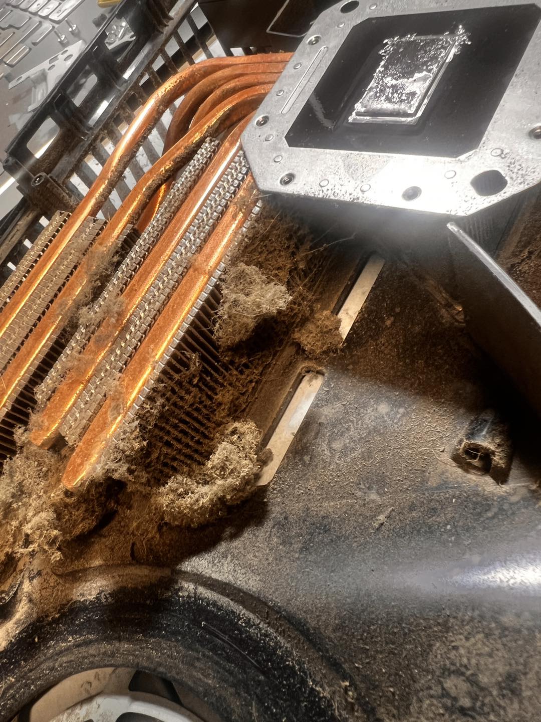 Dust-packed PS5 heat sink and PSU vents — the before of a deep clean job